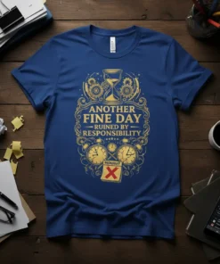 Another Fine Day Ruined By Responsibility quote t-shirt design with hourglass, clocks, and Monday X graphic