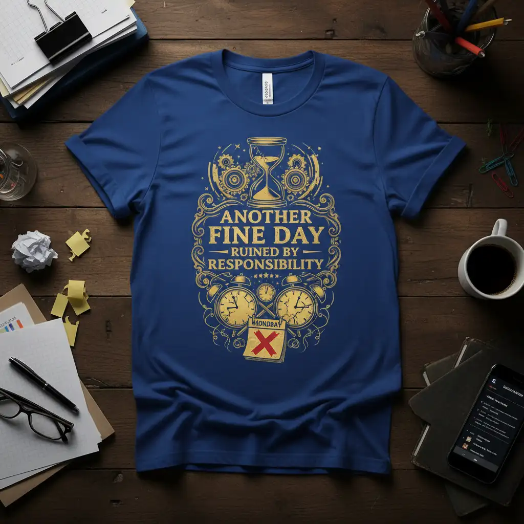 Another Fine Day Ruined By Responsibility humorous quote tee with vintage clocks and hourglass