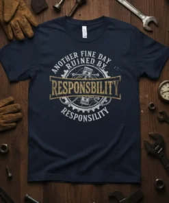 Another Fine Day Ruined By Responsibility t-shirt with pistons and gears graphic