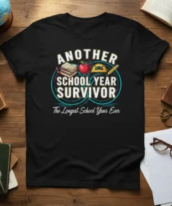 Black t-shirt with "Another School Year Survivor" and "The Longest School Year Ever" text, featuring school icons like books, apple