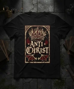 Anti Christ t-shirt with a distressed crown graphic and bat wings, gothic dark aesthetic design
