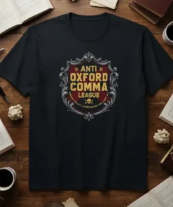 Anti Oxford Comma League T-Shirt with vintage emblem and text "Seeking Truth, Clarity, Understanding and Clarity for All."