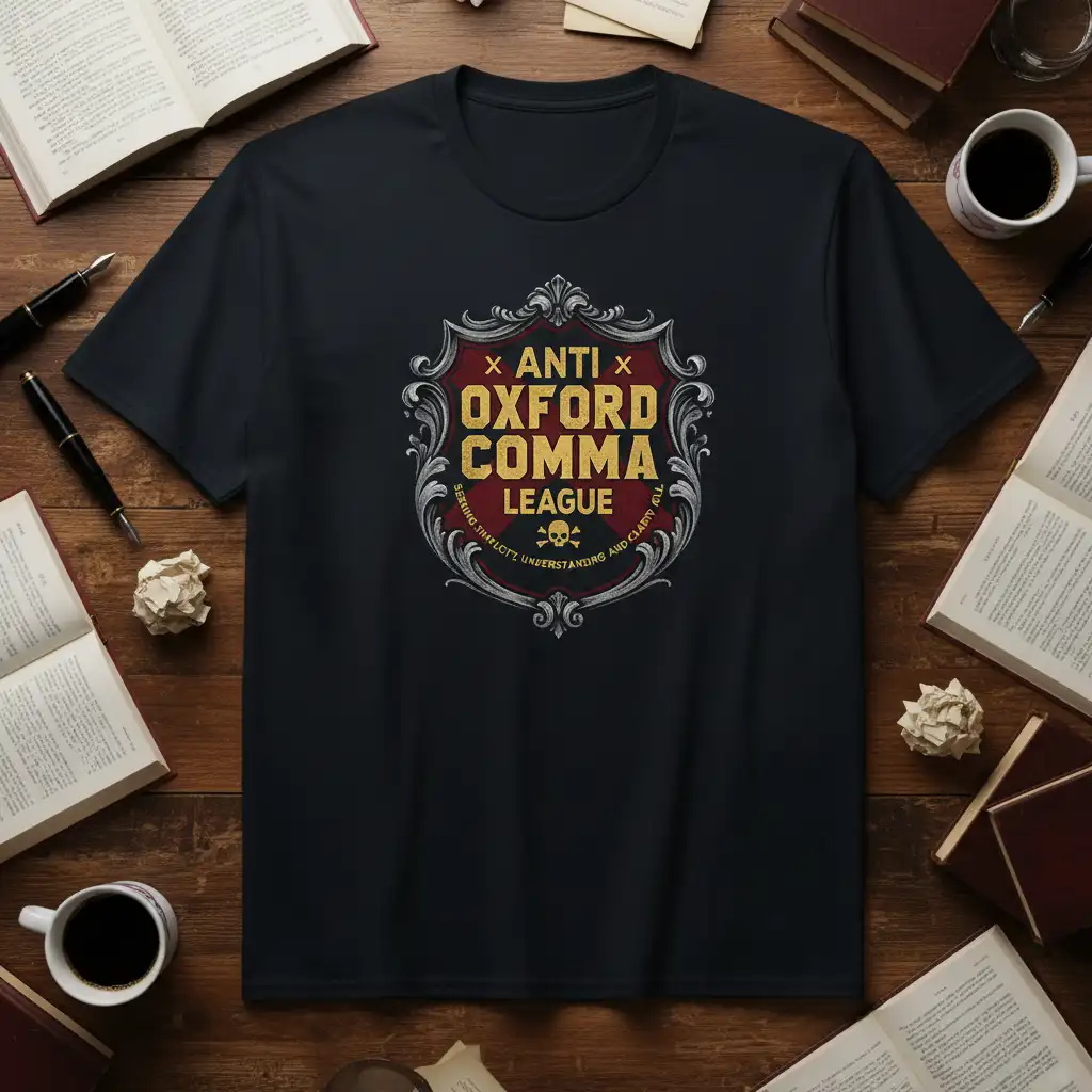Anti Oxford Comma League graphic tee with vintage crest and phrase about clarity in writing