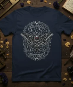 Anti-Social Butterfly text above and below a detailed moth graphic with moon and occult symbols, dark gothic aesthetic t-shirt design