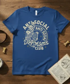 Anti Social Dog Mom's Club t-shirt with skeleton graphic holding a dog, featuring distressed text and star accents