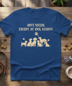 Anti Social Except At Dog Events t-shirt design featuring a silhouette of various dog breeds and paw prints