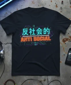 Anti Social Japanese Kanji Cyberpunk Tee with neon blue Japanese characters above orange "ANTI SOCIAL" text and circuit board graphics