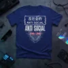 Anti Social Skull Cyberpunk T-Shirt with glitch art, Japanese characters, and red glowing eyes on a dark background