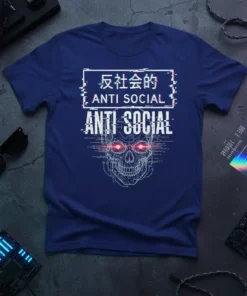 Anti Social Skull Cyberpunk T-Shirt with glitch art, Japanese characters, and red glowing eyes on a dark background