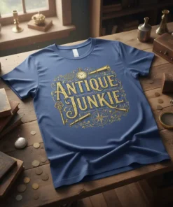 Antique Junkie t-shirt with ornate gold typography and vintage compass graphic
