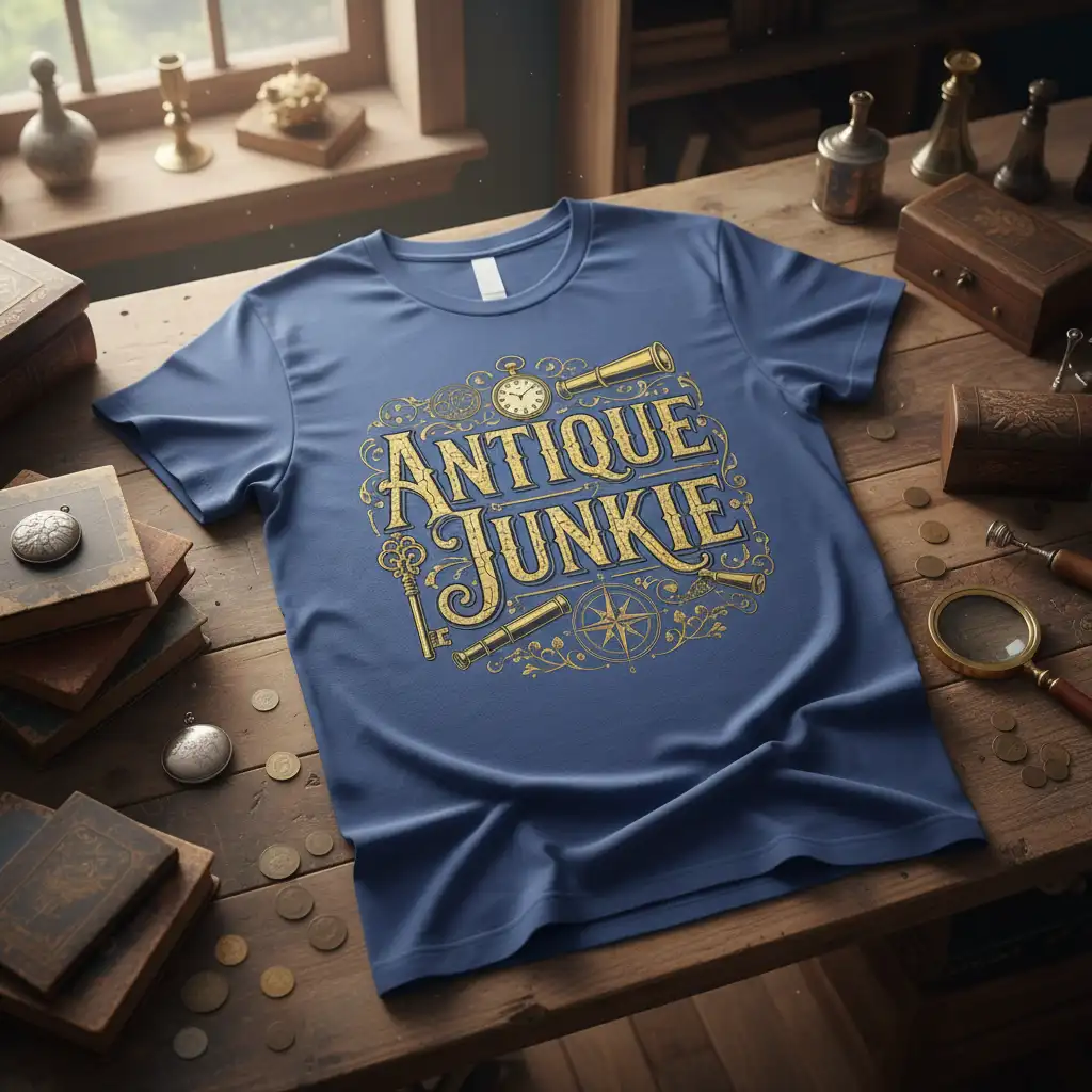 Antique Junkie text design with vintage compass and spyglass graphics on a blue t-shirt
