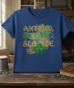 ANTRIM, IRELAND, SLÁINTE eye-catching graphic design printed on comfortable cotton t-shirt