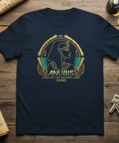 Anubis Lord of the Sacred Land Osiris design on a navy blue t-shirt, featuring golden Egyptian iconography and hieroglyphs