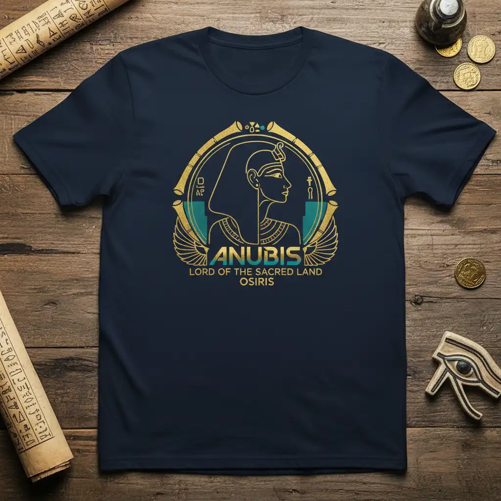 Anubis Lord of the Sacred Land Osiris ancient Egyptian deity design on a navy blue graphic tee
