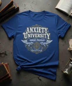 Anxiety University Honors Program text design on a blue t-shirt with vintage emblem and wings