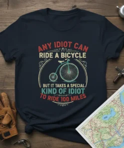 Funny quote t-shirt reading "Any Idiot Can Ride a Bicycle But It Takes a Special Kind of Idiot to Ride