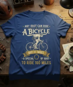 Text design: "Any Idiot Can Ride A Bicycle But It Takes A Special Idiot To Ride 100 Miles" quote with
