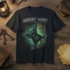 Anybody Home? text above a black cat clawing at a wooden door, green eerie lighting, spooky Halloween t-shirt design