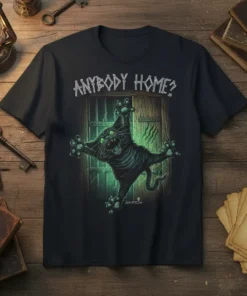 Anybody Home? text above a black cat clawing at a wooden door, green eerie lighting, spooky Halloween t-shirt design
