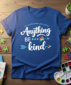 Blue t-shirt with white text "in a world where you can be Anything BE kind" and colorful puzzle pieces, promoting