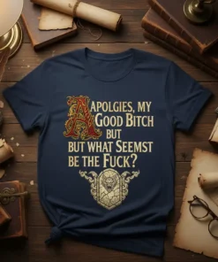 Navy blue t-shirt with gold text "Apologies, My Good Bitch But What Seemst Be The Fuck?" and a medieval-style monster