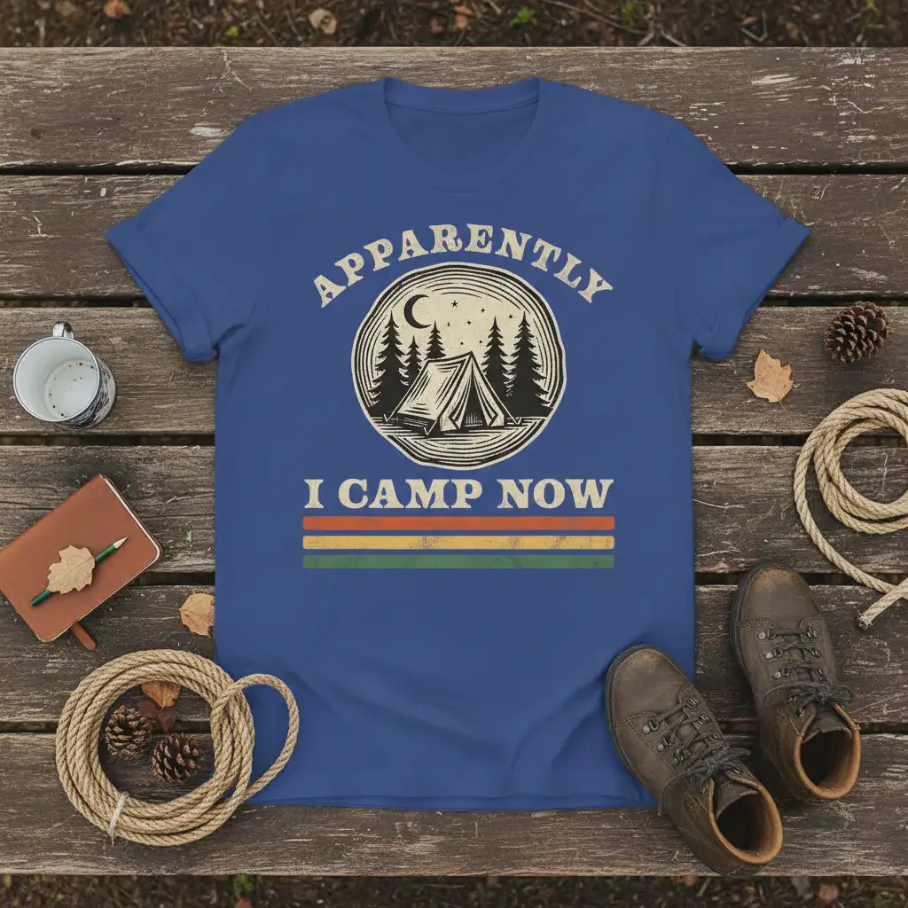 Apparently I Camp Now vintage camping t-shirt with tent and retro stripes graphic