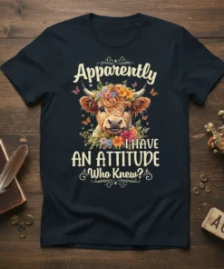 Apparently I Have An Attitude Who Knew? cow t-shirt design with floral wreath and butterflies