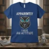 Apparently I Have An Attitude owl t-shirt featuring a cool, stylized owl graphic with bright blue eyes and text