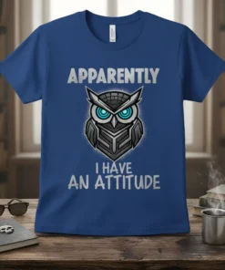 Apparently I Have An Attitude owl t-shirt featuring a cool, stylized owl graphic with bright blue eyes and text