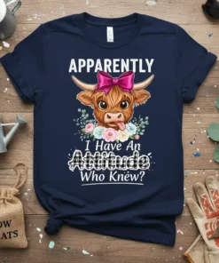 Apparently I Have An Attitude Who Knew? highland cow t-shirt with pink bow and flowers, white buffalo plaid text