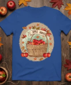 Apple Harvest t-shirt design with a wooden basket full of red apples and falling autumn leaves