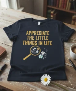 T-shirt with gold text "APPRECIATE THE LITTLE THINGS IN LIFE" above a magnifying glass focusing on small flowers and a