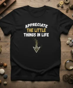 Black t-shirt with white and gold text "APPRECIATE THE LITTLE THINGS IN LIFE" and a downward pointing arrow graphic