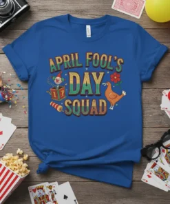 April Fool's Day Squad t-shirt with a clown in a box, chicken, and fireworks graphic