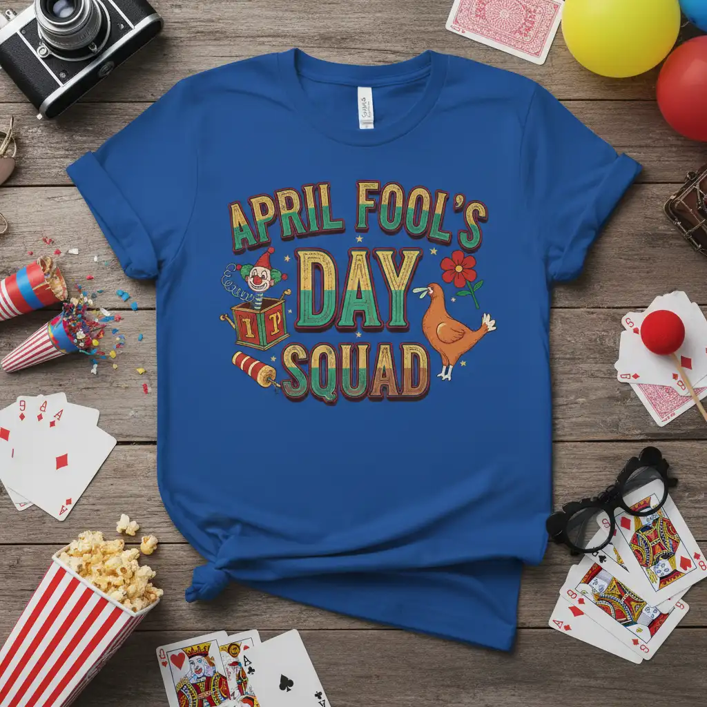 April Fool's Day Squad text design with clown, chicken, and fireworks graphics