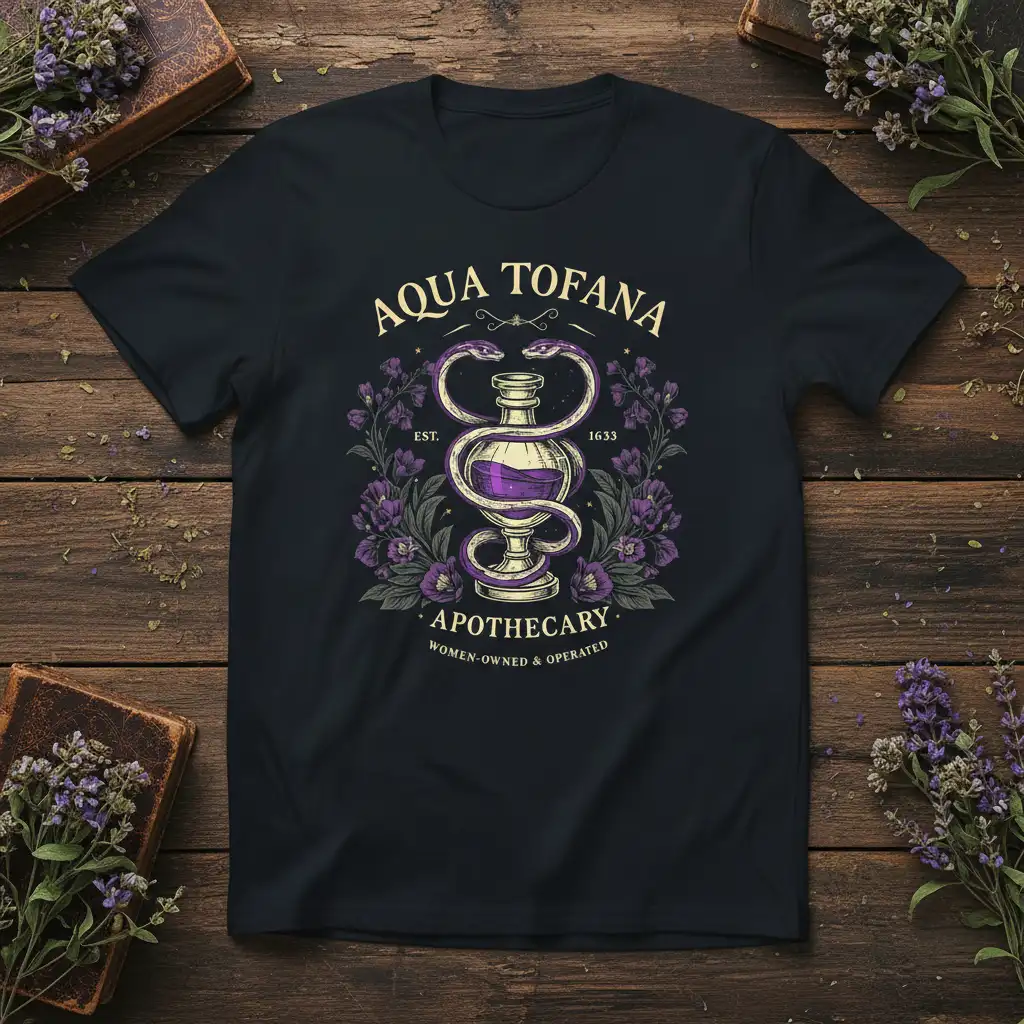 Aqua Tofana Apothecary Women-Owned & Operated design with vintage potion bottle and snakes graphic