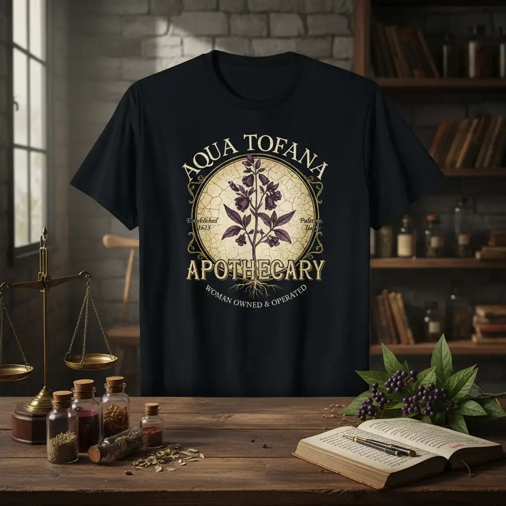Aqua Tofana Apothecary Woman quote printed with stylish graphic on breathable fabric t-shirt design