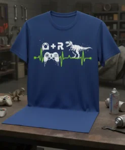 A+R Dinosaur Controller Heartbeat T-Shirt design featuring a green heartbeat line with a game controller and a T-Rex graphic