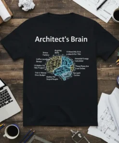 Architect's Brain Stress Factory text design featuring stylish typography on quality t-shirt