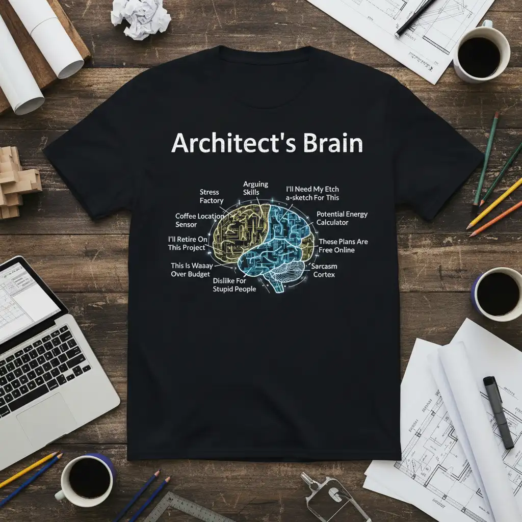 Architect's Brain Stress Factory quote printed with detailed print on quality cotton blend t-shirt design