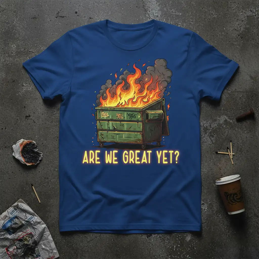 Are We Great Yet? quote and burning dumpster illustration on a blue t-shirt design