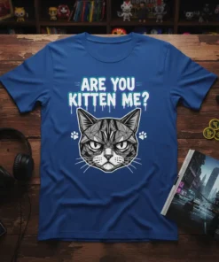 Are You Kitten Me? text with a geometric gray cat face and paw prints graphic on a blue t-shirt