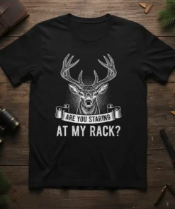 Are You Staring At My Rack? funny deer hunting t-shirt with buck graphic