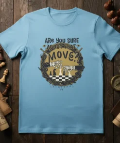 Are you sure ABOUT THAT MOVE? text with skeleton hands playing chess, framed by swords and eyes, on a light