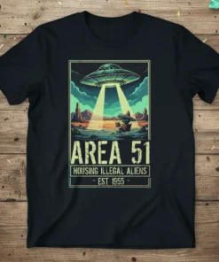 Area 51 Housing Illegal Aliens EST 1955 t-shirt design featuring a UFO and desert landscape