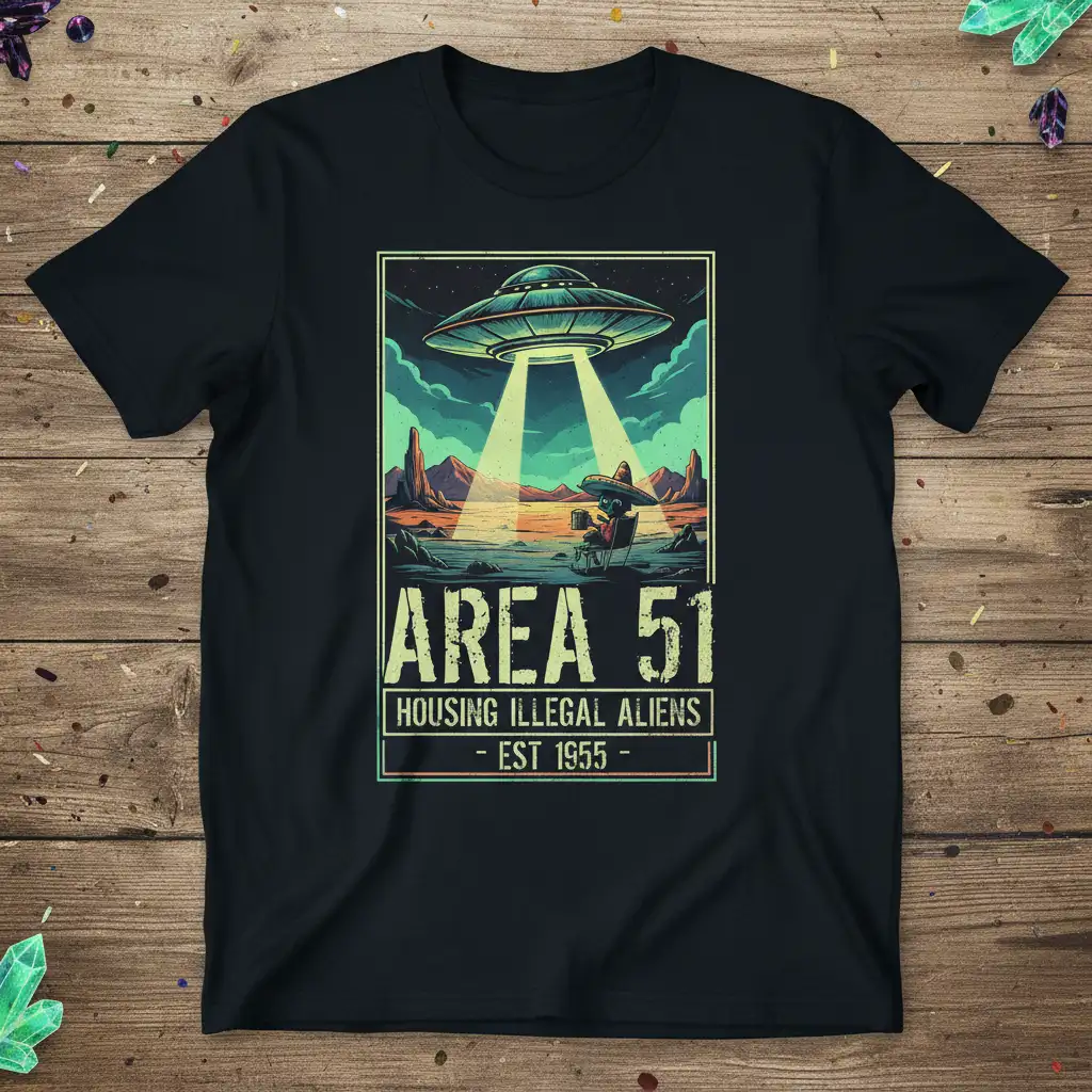 Area 51 Housing Illegal Aliens EST 1955 t-shirt featuring a vintage UFO abduction scene