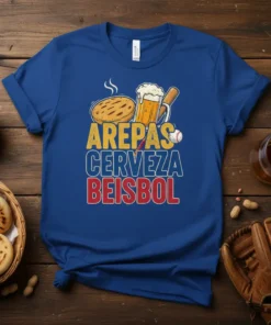 Arepas Cerveza Beisbol eye-catching graphic design printed on comfortable cotton t-shirt
