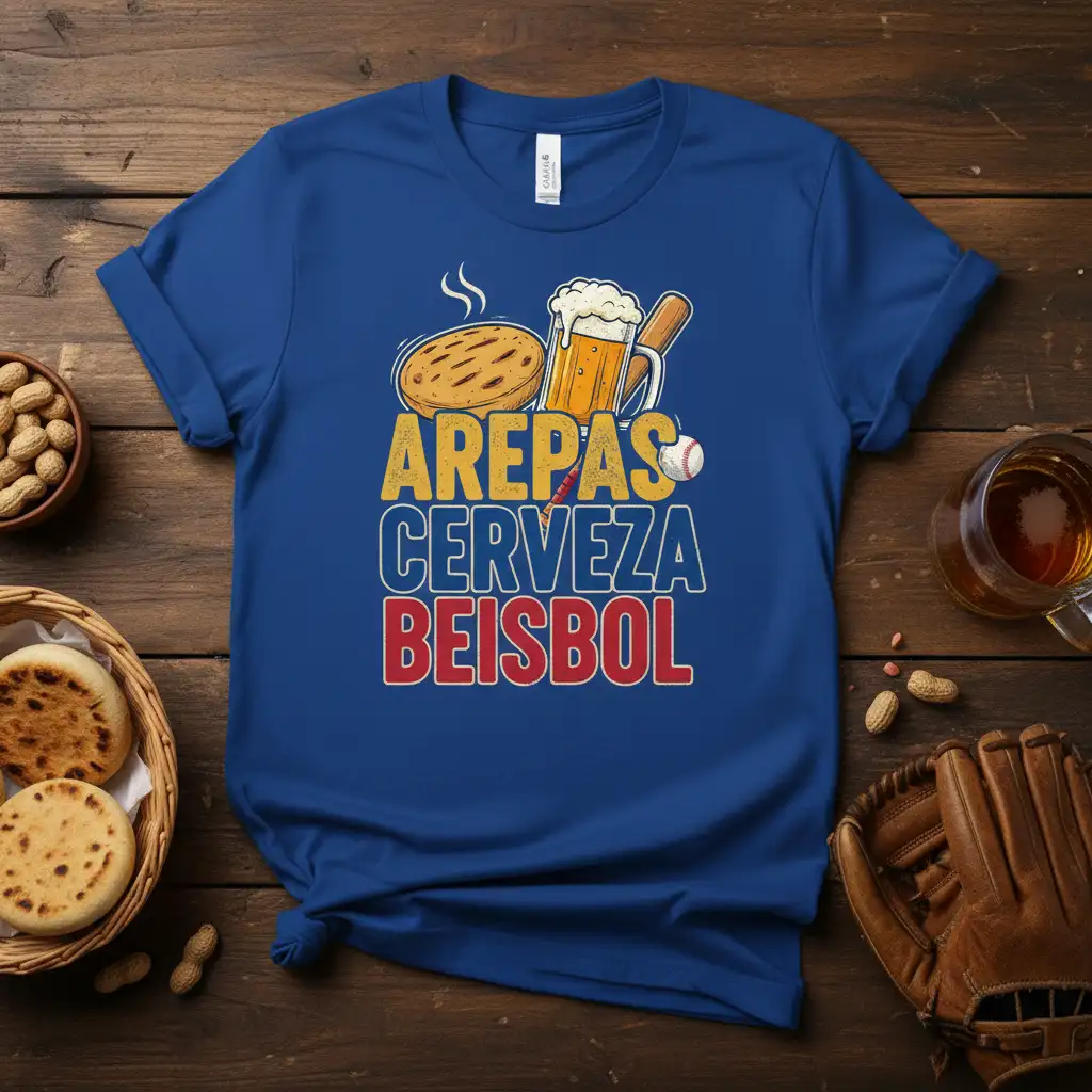 Blue t-shirt design featuring Arepas Cerveza Beisbol text with graphics of an arepa, beer, and baseball bat