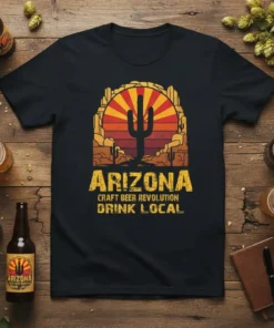 Arizona Craft Beer Revolution Drink Local text with a desert cactus and sunset graphic on a black t-shirt