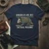 Armadillos Are Just Tactical Possums funny quote t-shirt design featuring an armadillo graphic and vintage stripes